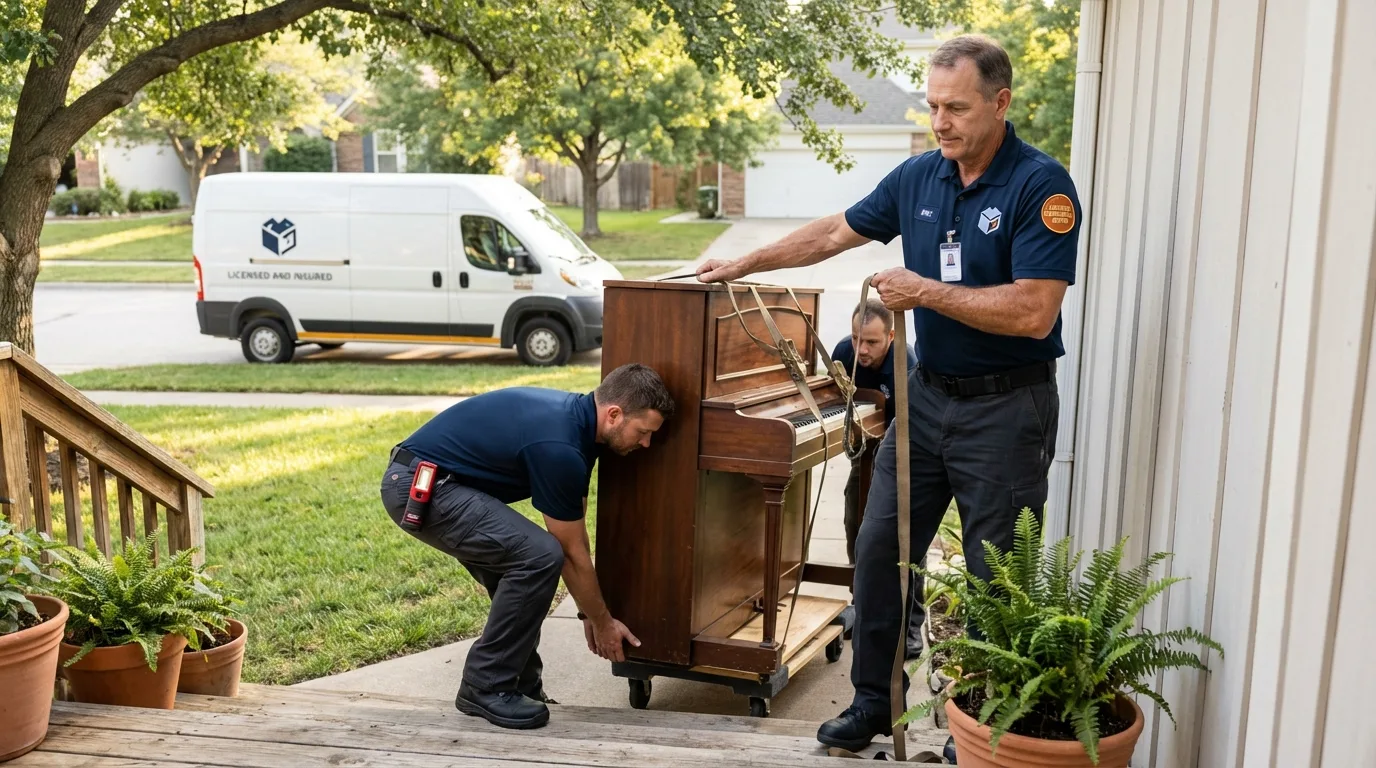 Licensed piano movers securing grand piano in Kittery Point, ME