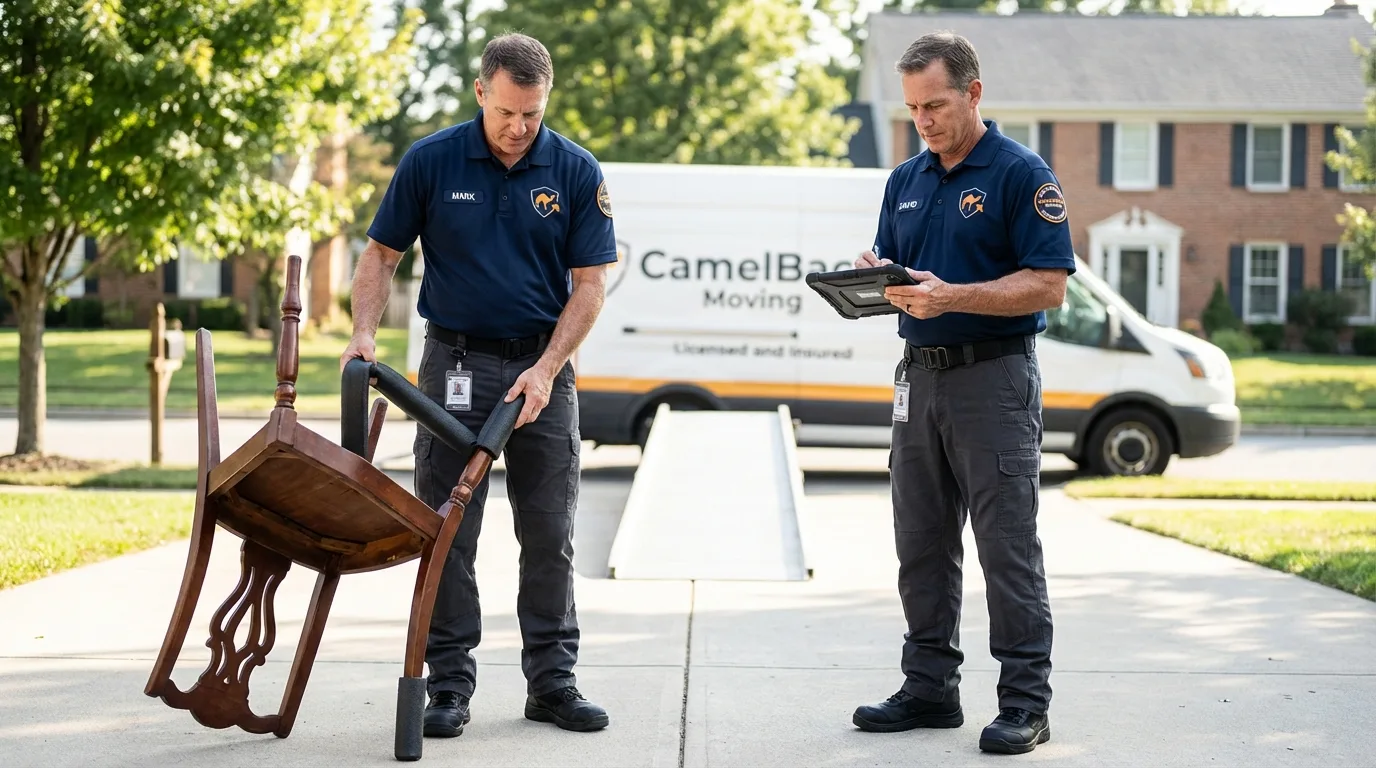 Movers inspecting furniture for damage prevention before loading in Kittery Point, ME