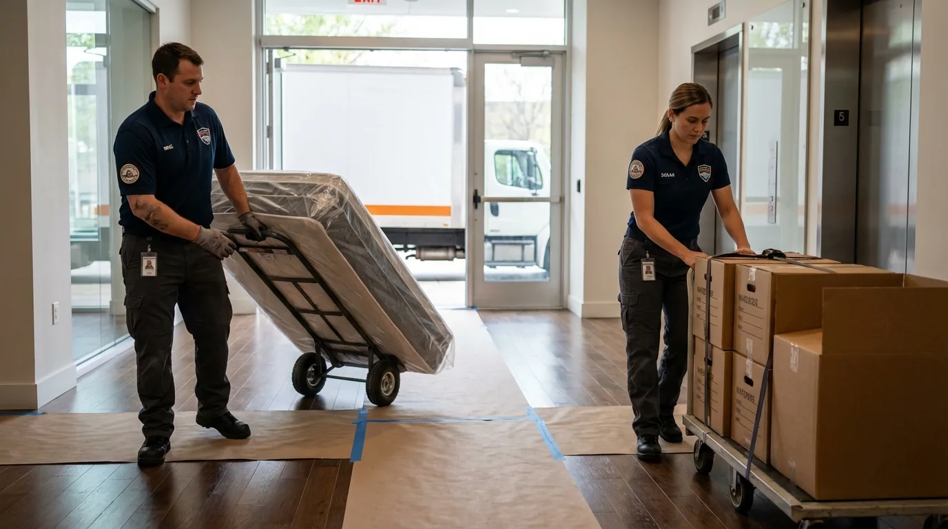 Professional apartment movers loading elevator in Kittery Point, ME