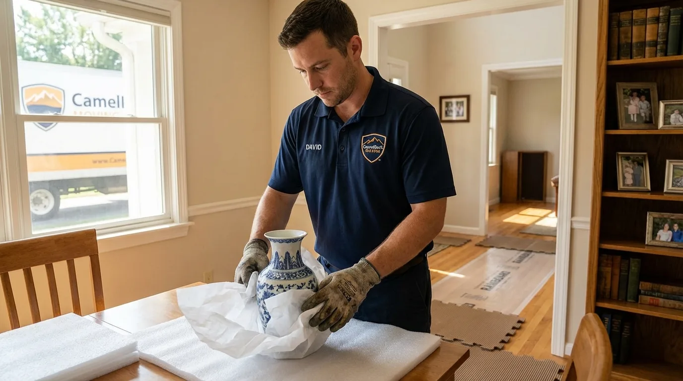 Professional crew carefully wrapping antique vase for senior downsizing move in Kittery Point, ME