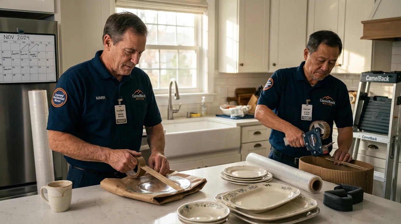Professional crew packing kitchen dishware in Kittery Point, ME